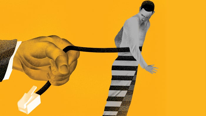 An illustration of a hand pulling an ethernet cable wrapped around a man.